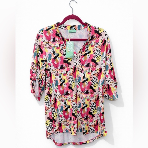 Sunshine & Rodeos Tops - Vibrant Pink Multi-Print Roll-Sleeve Tunic